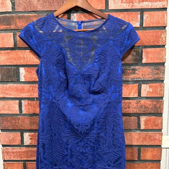 Tadashi Shoji BLUE STONE COTTON EMBROIDERED TULLE CAP SLEEVE DRESS - Picture 3 of 11